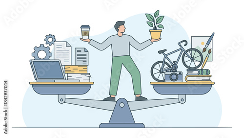 Work life balance concept. Man on scales balancing career and hobbies. Business vs leisure. Laptop against bicycle. Harmony stability. Lifestyle choice. Mental health well-being.