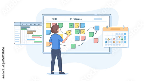 Project management concept. Woman organizing tasks on Kanban board. Agile workflow, Gantt chart, calendar schedule. Business planning strategy, productivity, time management vector.