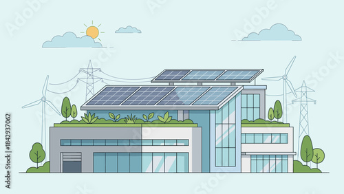 Solar panels on modern factory roof. Industrial renewable energy concept. Eco friendly building. Sustainable architecture. Photovoltaic cells. Wind turbines. Clean power plant.