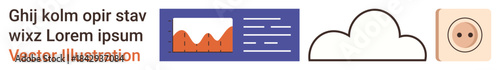 Data analysis, cloud storage, connectivity, power supply, renewable energy, digital solutions. Graphs, a cloud icon and a power socket. Data analysis and cloud storage for innovative solutions