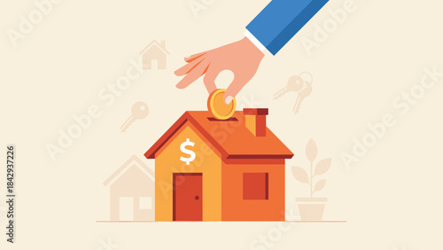 Hand putting gold coin into house shaped piggy bank. Saving for new home concept. Real estate investment. Mortgage loan deposit. Financial budget. Buying property. Money box. Banking.