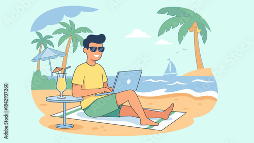 Digital nomad man working on laptop sitting on tropical beach with cocktail. Freelancer remote work business concept. Summer vacation travel job. Flat vector illustration.