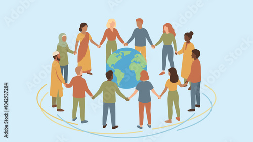 Diverse group of people holding hands around planet earth globe. International community concept. World unity. Multicultural society. Global peace. Friendship circle. Cooperation. Togetherness.