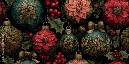 Dramatic Christmas pattern with detailed hanging baubles and ornamental poinsettias in red, green, and gold on a solid black background for exclusive packaging and fashion textiles