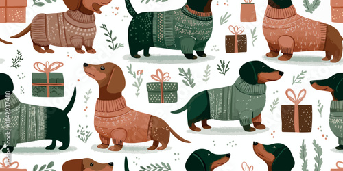 Charming Christmas pattern of dachshund dogs wearing knitted holiday sweaters amidst gifts and foliage on a white background for design, fabrics, and children's apparel