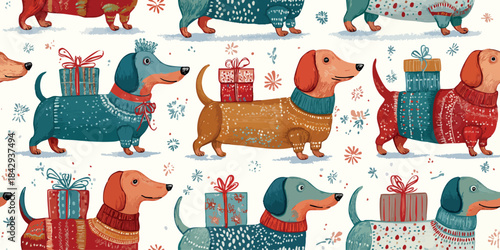 Charming Christmas pattern of dachshund dogs wearing knitted holiday sweaters amidst gifts and foliage on a white background for design, fabrics, and children's apparel