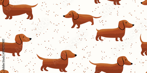 Minimalist pattern of cartoon brown dachshund dogs running and sitting on a white background sprinkled with small beige dots for pet supplies, fabrics, and children's stationery
