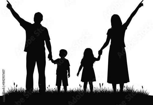 Black silhouette family of four standing on grass with pointing gestures for unity, guidance, and lifestyle design themes.