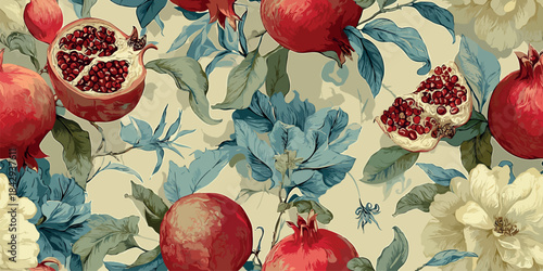 Opulent botanical pattern showcasing red pomegranates and neutral flowers with dusky blue leaves on a light cream background for luxury fabrics, packaging, and interior design