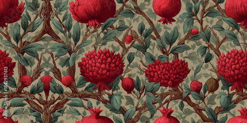 Rich Morris-style botanical pattern featuring lush red pomegranate fruit and flowers woven among intricate branches and dark leaves for luxury wallpapers and tapestry designs