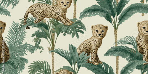 Exotic pattern featuring young cheetah cubs posing among detailed tropical palm and banana leaves on a light neutral background for fabrics, wallpapers, and adventurous branding