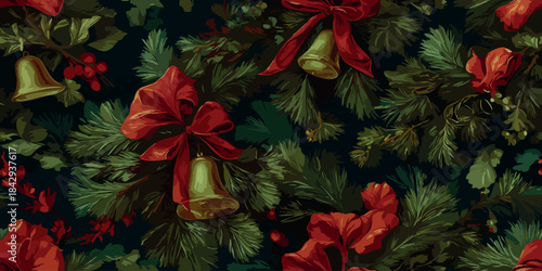 Rich, moody Christmas pattern featuring dark pine branches, deep red bows, gold bells, and apples on a black background for luxury wrapping paper, textiles, and home decor.