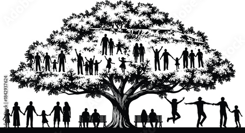 Black silhouette family tree illustration with people in branches and beneath tree for community, unity, and generational design themes.