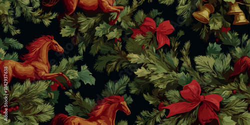 Rich, moody Christmas pattern featuring dark pine branches, deep red bows, gold bells, and apples on a black background for luxury wrapping paper, textiles, and home decor.