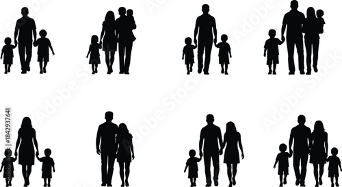 Black silhouette family walking set with adults and children in caregiving poses for unity, lifestyle, and relationship design themes.