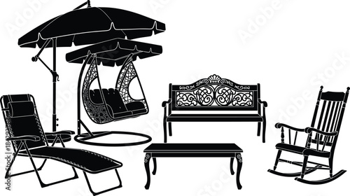 Black silhouette outdoor furniture set with lounge chair, umbrella, bench, egg chair, table, and rocking chair for design use.