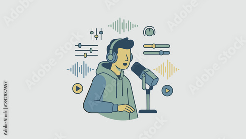 Podcast host recording audio. Person speaking into microphone with headphones. Sound waves and equalizer sliders. Radio broadcasting studio. Voiceover artist. Content creation.