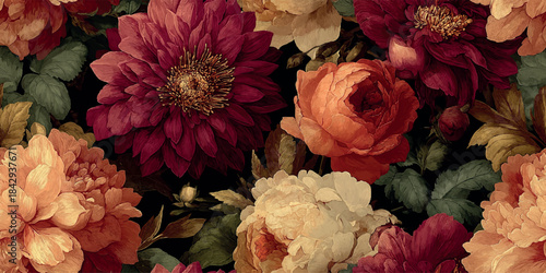 Dramatic floral pattern showcasing large, intricate dahlias, peonies, and roses in jewel tones of burgundy, coral, and cream on a dark background for design, fabrics, and exclusive stationery