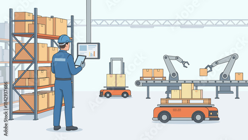 Smart warehouse worker with tablet. Automated robotic arm and AGV moving boxes. Industrial logistics automation concept. Modern distribution center inventory technology.