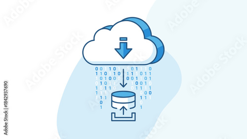 Cloud computing data download concept. Binary code rain falling into server database. Digital data transfer vector illustration. Network backup storage sync. Data technology flow.