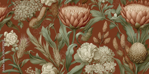 Sophisticated botanical pattern featuring etched wheat stalks and abstract flowers in muted creams, greens, and ochre on a rich terracotta background for fabrics, wallpapers, and elegant packaging