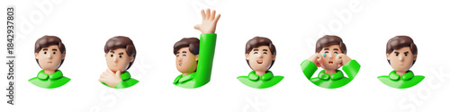 Man positive and negative expression avatar vector set, 3D cartoon office employee wear green jacket male in round frame