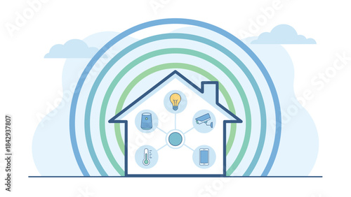Smart home connectivity concept. Wireless wifi signal waves over house. Internet of things IoT technology. Home automation network. Connected devices. Security control. Flat vector