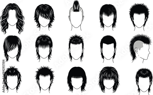 Black-and-white cartoon hairstyle set with mohawks, mullets, waves, and edgy cuts for fashion, character, and design use.