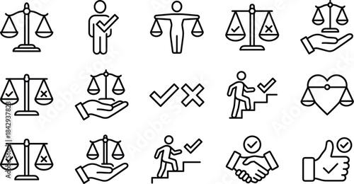 Set of ethics and decision-making icons including scales, checkmarks, and symbolic figures representing fairness, integrity, and personal growth.