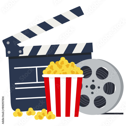 Movie night composition: popcorn, clapperboard, and film reel illustration. Vector flat movie graphic design element concept.