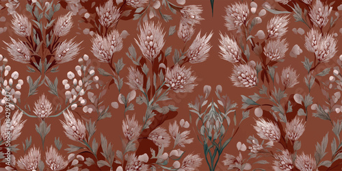 Intricate art deco inspired pattern featuring stylised feathery seed heads and berries in dusty rose and sage green tones on a deep russet background for luxury fabrics and wallpapers