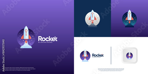 Dynamic rocket logo with star elements, suitable for innovative companies. Vector design illustration.