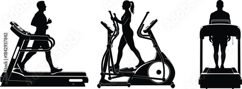 Black-and-white silhouette gym cardio set with treadmill and elliptical for fitness, exercise, and instructional design themes.