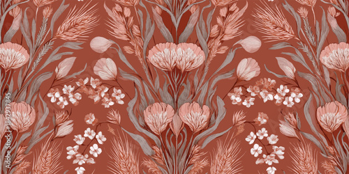 Intricate art deco inspired pattern featuring stylised feathery seed heads and berries in dusty rose and sage green tones on a deep russet background for luxury fabrics and wallpapers