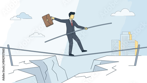 Businessman balancing on tightrope over chasm. Risk management concept. Male character in suit walking on rope. Challenge and danger. Career instability. Crisis. Bravery. Bridging gap.