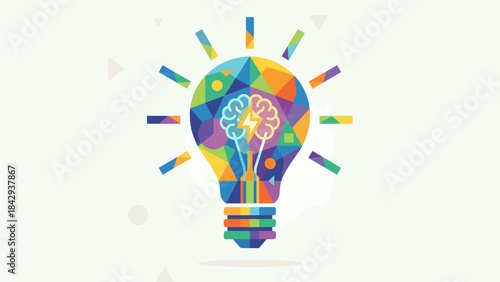 Creative lightbulb idea concept. Colorful geometric shapes. Innovation symbol brain. Modern abstract vector business inspiration. Smart solution. Intelligence. Mosaic technology art.