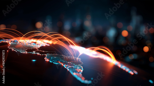 Global cashless payment network visualization glowing data lines world map futuristic fintech theme international transaction display digital finance connectivity