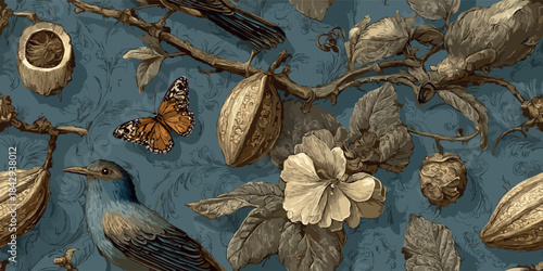 Intricate vintage pattern with engraved birds, large neutral flowers, and plum fruit on a moody blue background for luxury textiles, wallpapers, and high-end branding