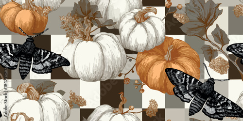Autumn harvest pattern with detailed engraved pumpkins, white flowers, and moths on a checkerboard background for fabrics, fall stationery, and rustic packaging