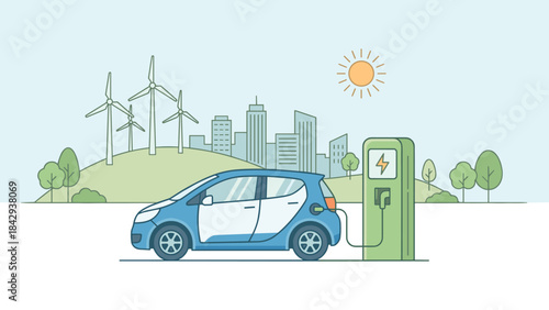 Electric car charging station. Eco friendly transport. City skyline wind turbines background. Green energy sustainability. Renewable power vehicle. Modern urban environment vector.