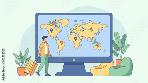 Travel planning concept. Tourist with suitcase. Large screen map. Online vacation preparation. Global tourism technology. International journey. Location pins. Flight booking.