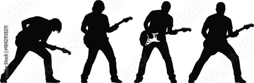 Set of Eight Energetic Rock Musician Guitarist Silhouettes Playing Electric Guitar on Stage, Dynamic Poses for Concert Performance, Music Band Vector Design