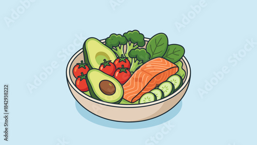 Bowl of healthy food with salmon, avocado and vegetables. Nutrition diet concept. Fresh organic salad. Keto paleo lunch. Broccoli, tomato, cucumber. Balanced eating. Wellness vector.