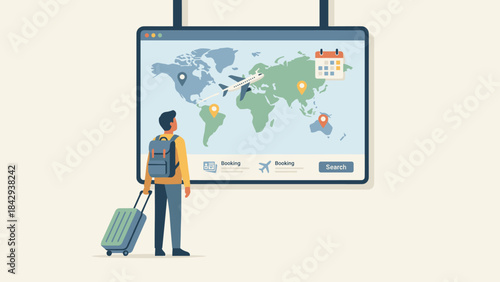 Travel planning booking concept. Tourist with suitcase viewing screen map. Online reservation. Flight search. Vacation preparation. Global tourism. Internet agency. Trip tech app.