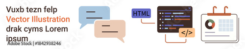 Web design, programming, online education, coding tools, data analysis, digital communication. Chat bubbles, coding window and data chart. Web design and programming