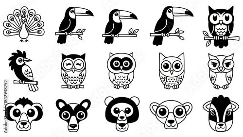 Cartoon animal collection illustrations in black and white style