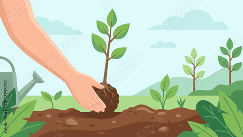 Hand planting young tree sapling in soil. Reforestation environmental care concept. Nature conservation ecology. Garden growth. Agriculture sustainability. Save planet. Flat vector