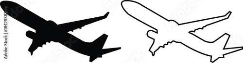 Black airplane icon set in flat and line style, aviation silhouette collection featuring jet, aircraft and flight symbol group, minimal monochrome transport vector illustration pack with synonym eleme