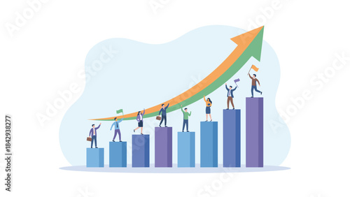 Business growth success concept. Arrow rising above bar chart. Tiny people team celebrating on columns. Financial progress achievement. Sales increase profit market trend. Upward graph.