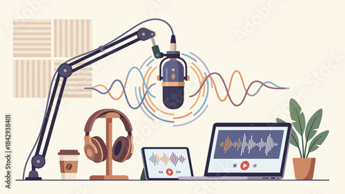 Podcast recording studio workspace. Microphone boom arm headphones laptop tablet. Audio production equipment. Digital media content creation. Broadcasting radio stream. Sound waves